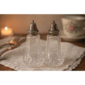 Vintage FB Rogers Crystal Salt & Pepper Shakers Japan Silver Plate Tops
